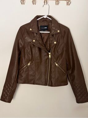FASHION NOVA Brown Quilted Faux Leather Moto Jacket